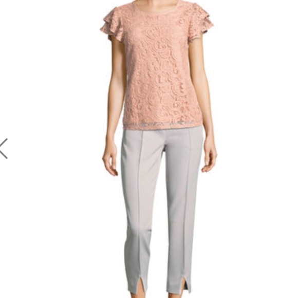 NWT! ADRIANNA PAPELL ROSEY RUFFLE SLV LACE TOP MED - Picture 4 of 8